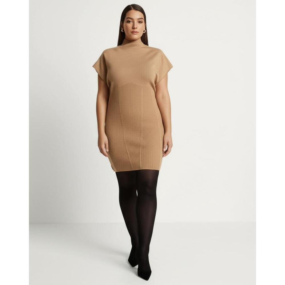 NWOT Anthropologie Dress Womens 2X Tan‎ Mock-Neck Cap-Sleeve Mini Sweater